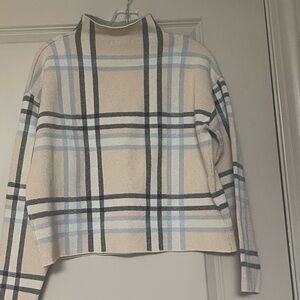 Tahari Cream and Blue Plaid Cowl Neck Sweater